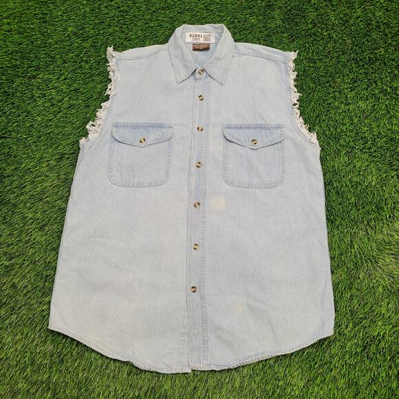 Vintage 2003 Americade Lake George NY Cutoff Denim Button Shirt Medium 22x30 - Picture 5 of 13